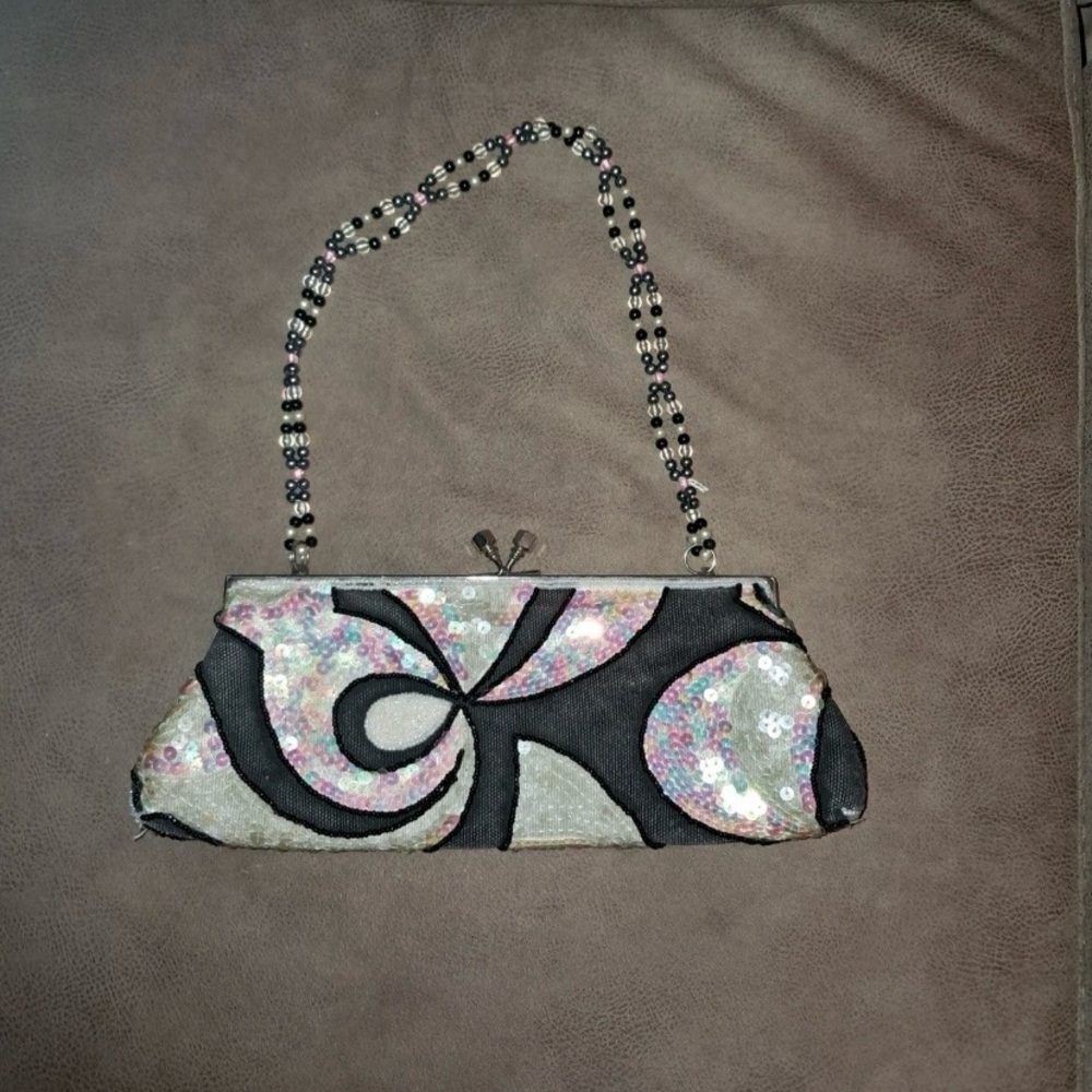 Vintage Sequin Evening Clutch – Black & Iridescent Swirl Design w/ Beaded Strap - Picture 3 of 4
